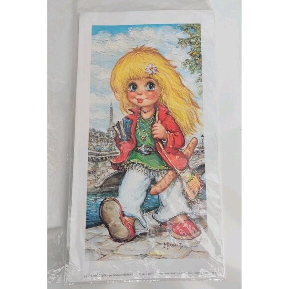 Vtg Retro 80s French Mid Century Big Eyed Paris Boy Girl Art Print Michel Thomas - Picture 9 of 16